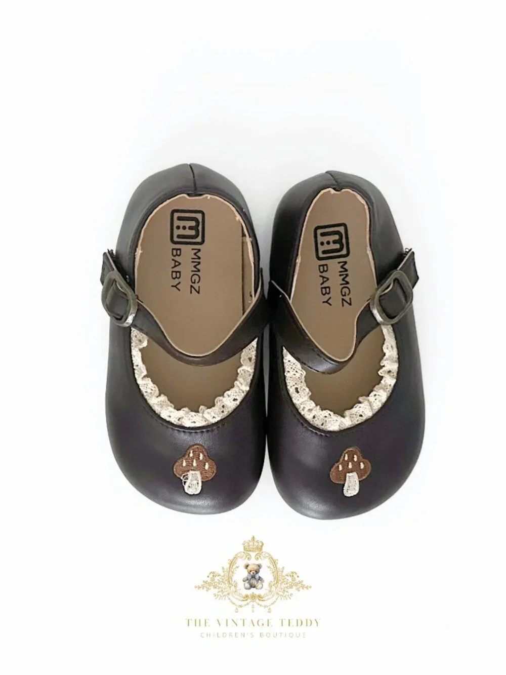 NWT Pretty Girls Embroidered Mary Jane Flats Children's Shoes Mushroom Brown 8.5